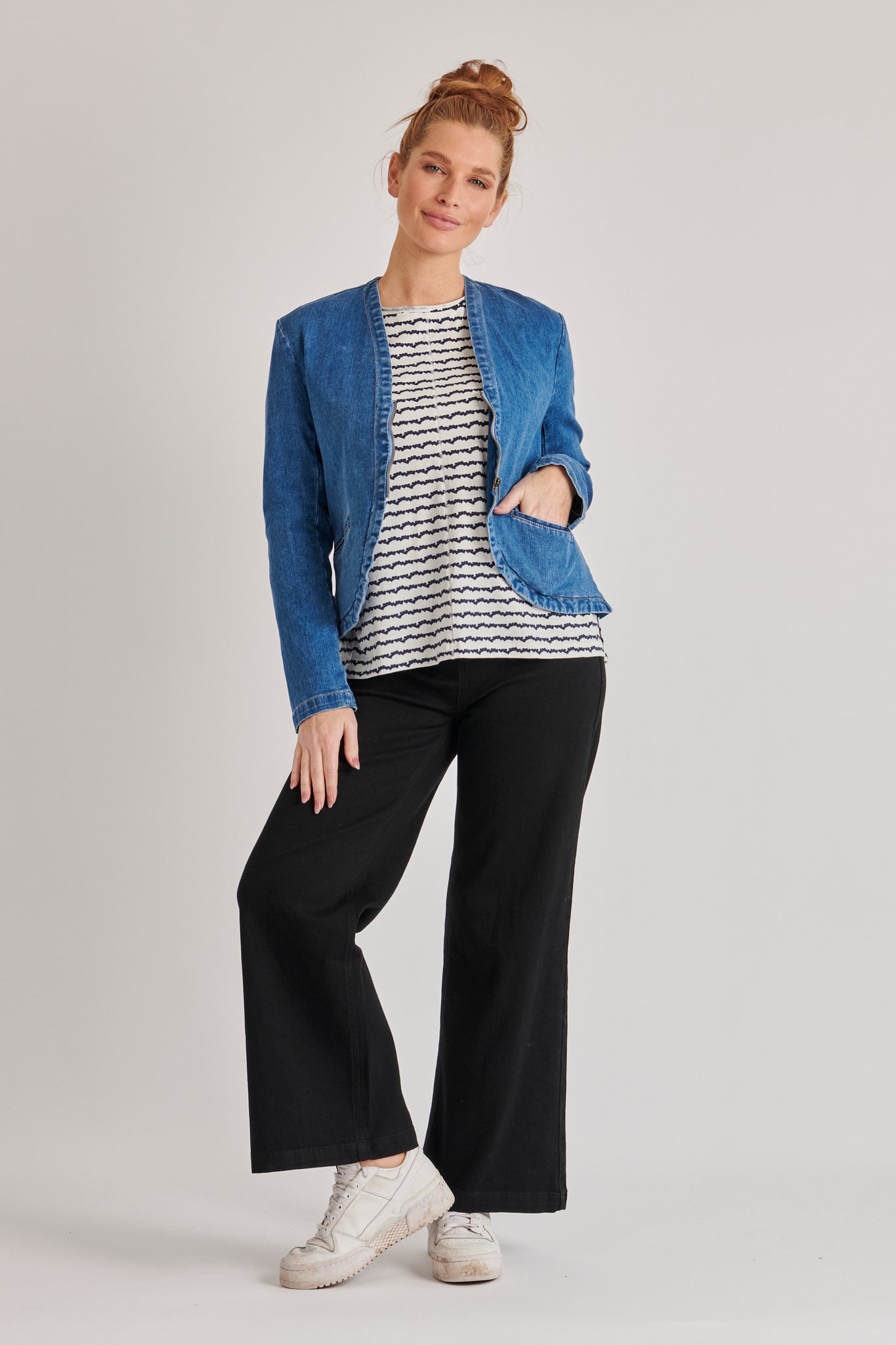 One Ten Willow Scoop Hem Denim Blazer - Mid Blue