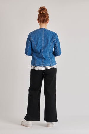 One Ten Willow Scoop Hem Denim Blazer - Mid Blue