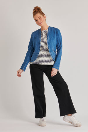 One Ten Willow Scoop Hem Denim Blazer - Mid Blue